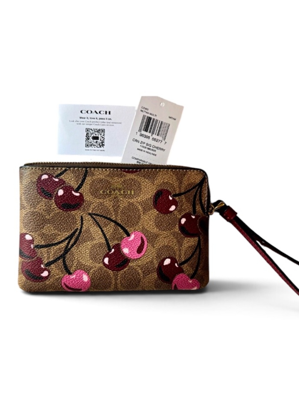 COACH Cherry Print Signature Wristlet Wallet - Brown & Pink nwt